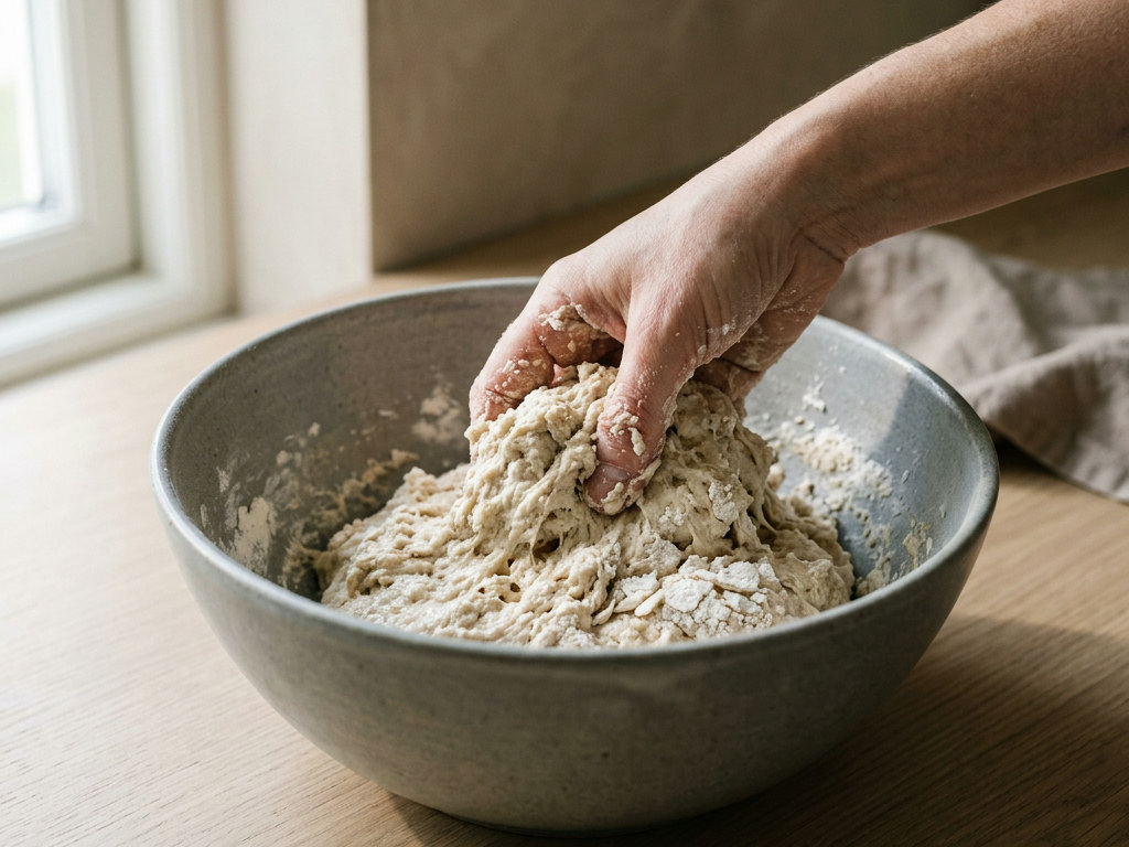 Mezcla inicial de la masa de pan de cristal: harina, agua fría y levadura integrándose a mano en un bol de cerámica gris hasta una masa rugosa y muy húmeda, antes de la autólisis