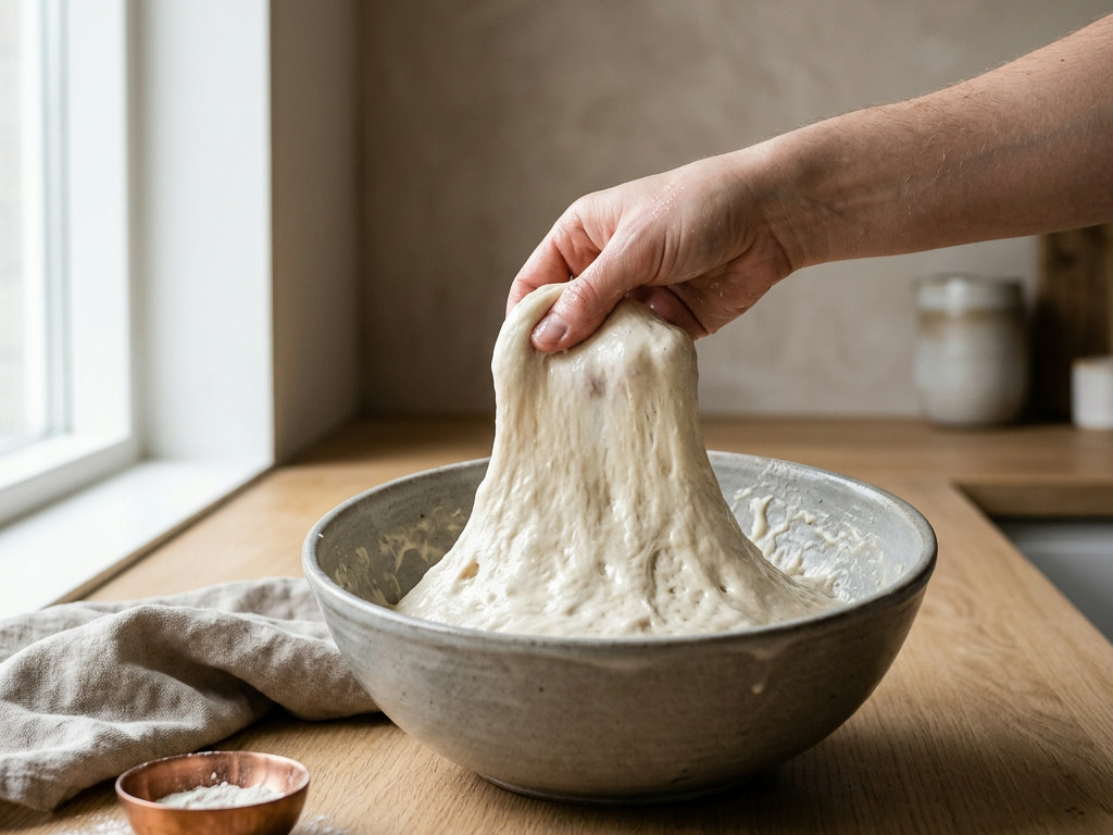 Pliegue húmedo de la masa de pan de cristal, ya brillante y elástica, estirándose para desarrollar el gluten