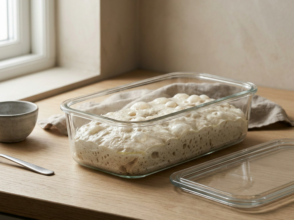 Masa de pan de cristal tras 24 horas de fermentación en frío, cubierta de grandes burbujas, en un táper rectangular