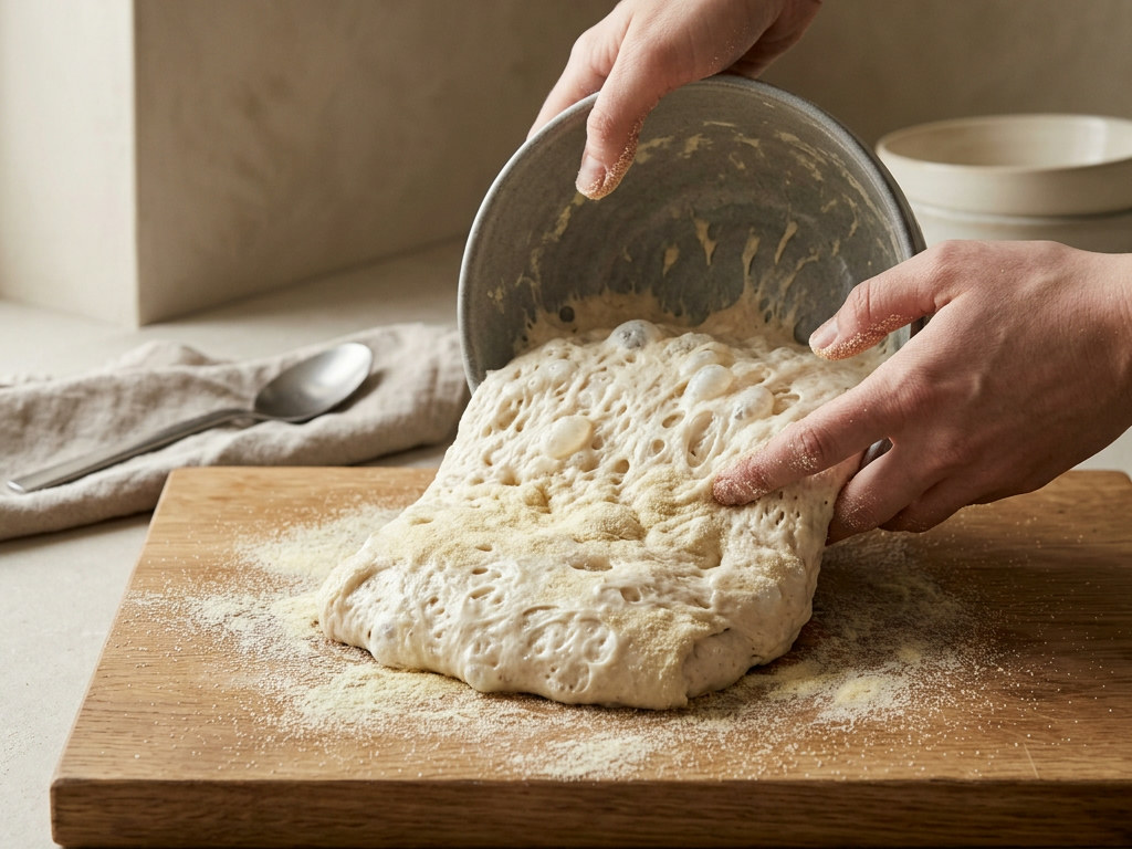 Volcado de la masa fermentada sobre la mesa espolvoreada con sémola, formando un rectángulo sin desgasificar