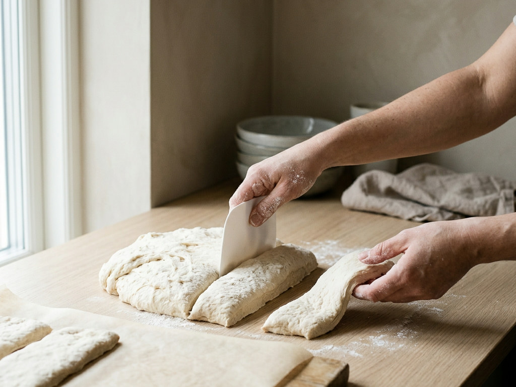 Corte de la masa en rectángulos con la rasqueta, sin bolear, y traslado con cuidado al papel de horno