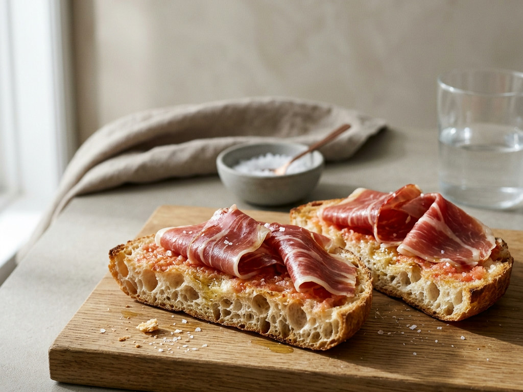 Rebanadas de pan de cristal de miga muy alveolada y corteza finísima, tostadas y frotadas con tomate de colgar y AOVE, coronadas con lonchas de jamón ibérico de bellota cortado a cuchillo, sobre plato de pizarra