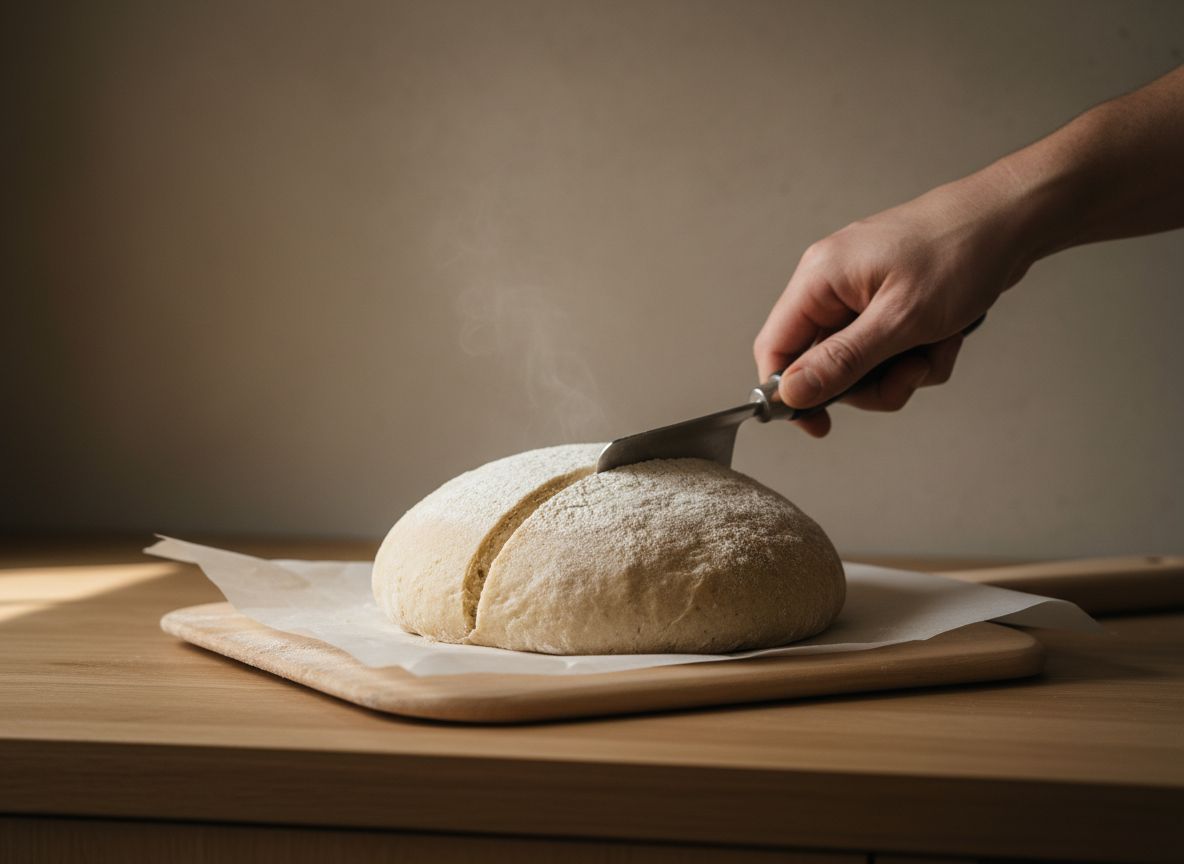 Haz uno o dos cortes decididos de 1 cm de profundidad en la superficie de la hogaza con una cuchilla o un cuchillo