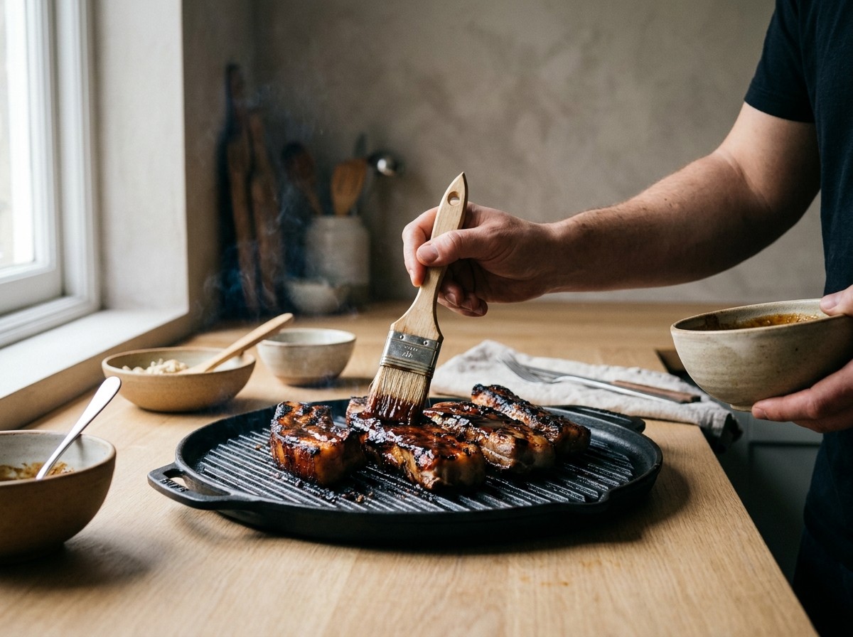 Panceta pincelándose con glaseado de hoisin en la brasa