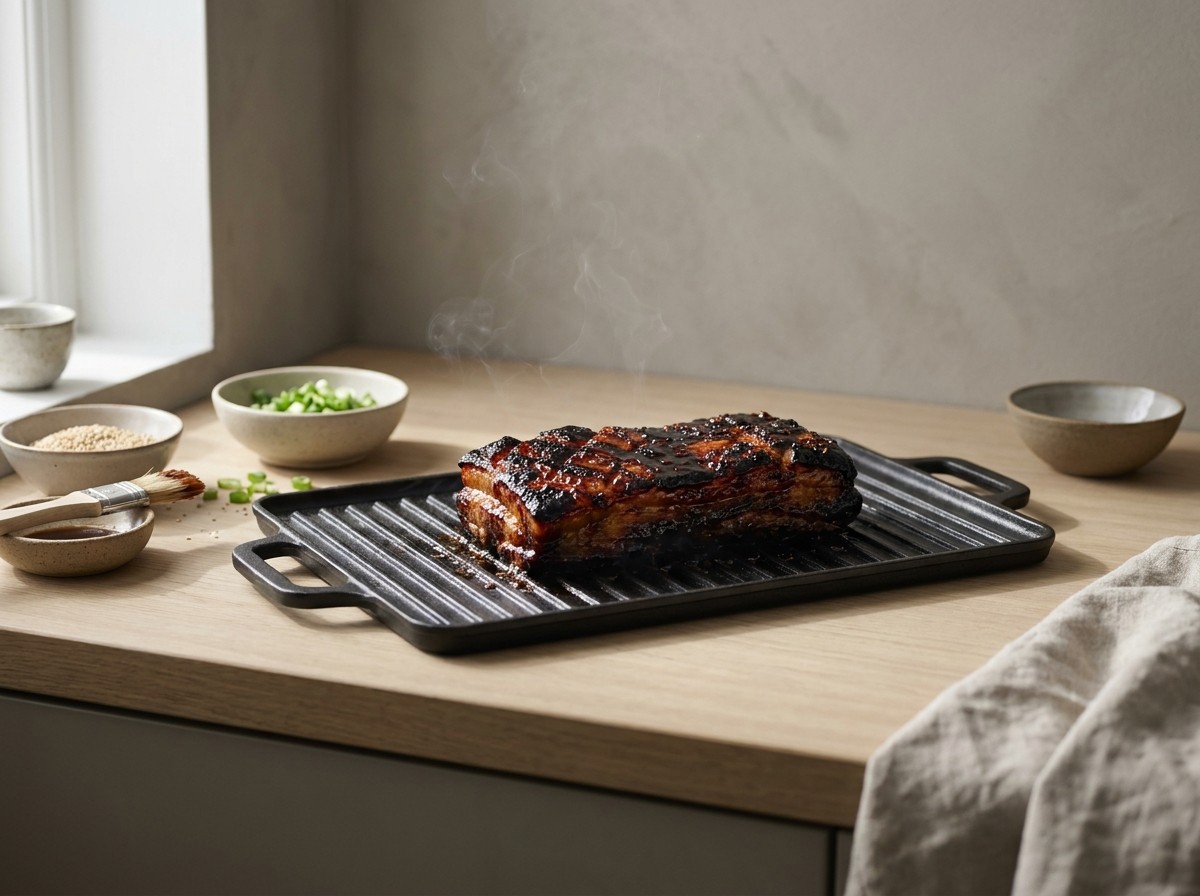 Panceta caramelizándose con laca de hoisin brillante