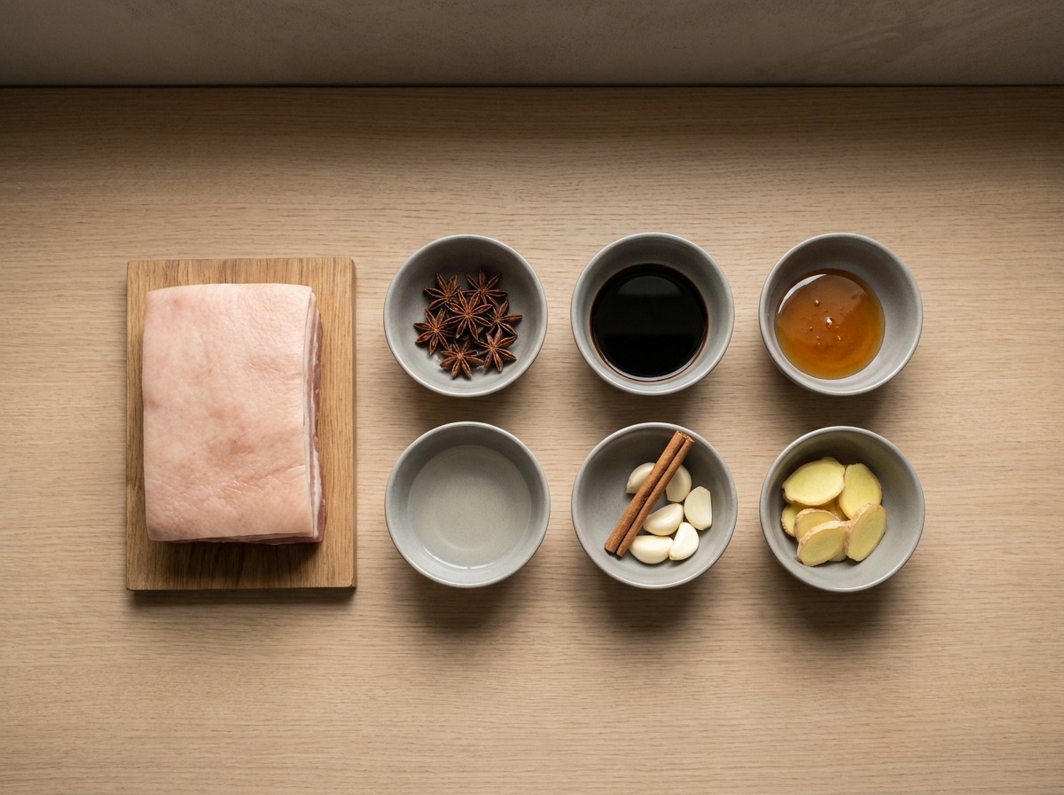 Ingredientes: panceta de cerdo, anís estrellado, soja, miel, canela, ajo y jengibre