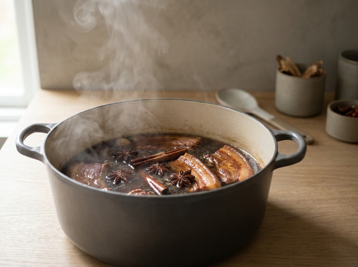 Panceta braseando en caldo especiado con anís estrellado