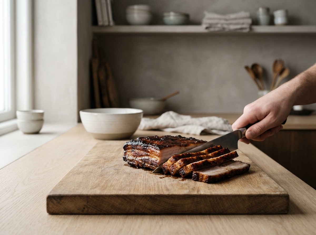 Panceta laqueada cortada mostrando las capas de carne y grasa