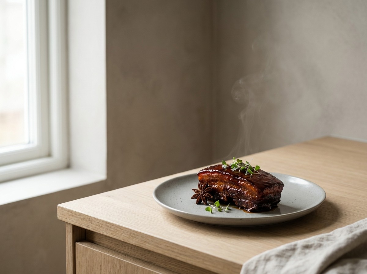 Panceta laqueada al anís estrellado en plato de cerámica gris piedra: bloque de panceta con capas de carne y grasa bajo una laca oscura brillante, con anís estrellado.