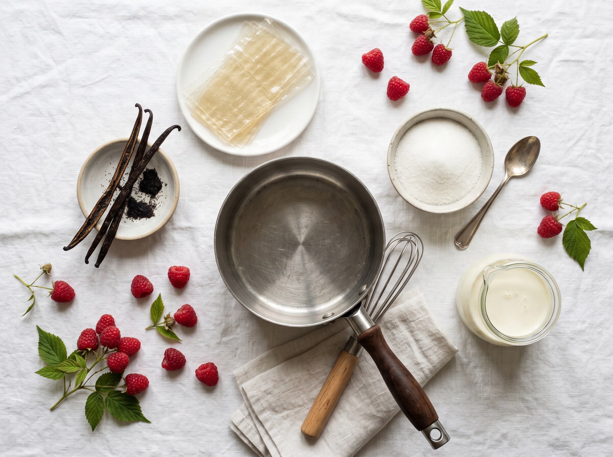 Ingredientes panna cotta: nata, vaina de vainilla, gelatina, frambuesas frescas