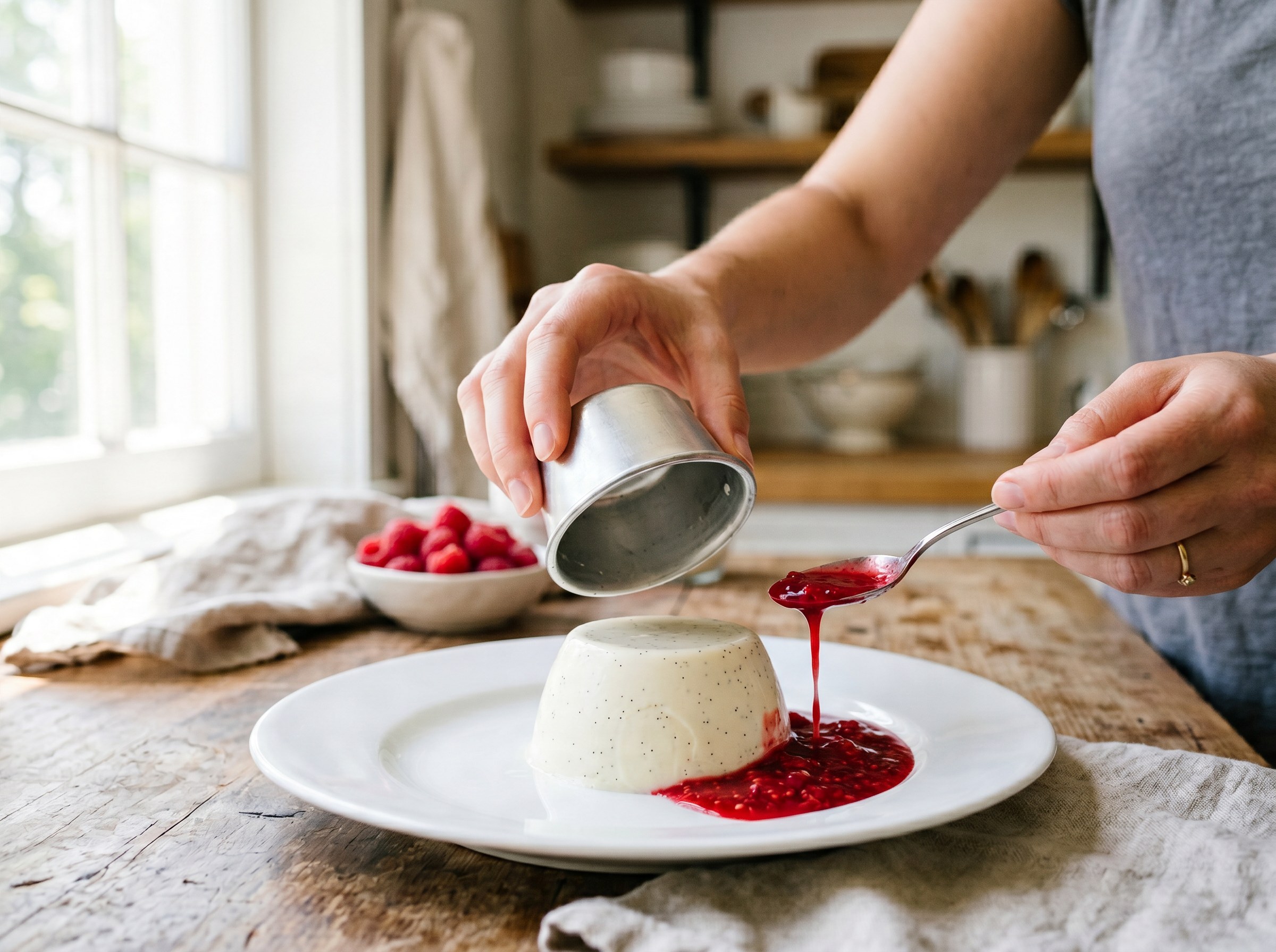 Panna cotta siendo desmoldada con coulis de frambuesa