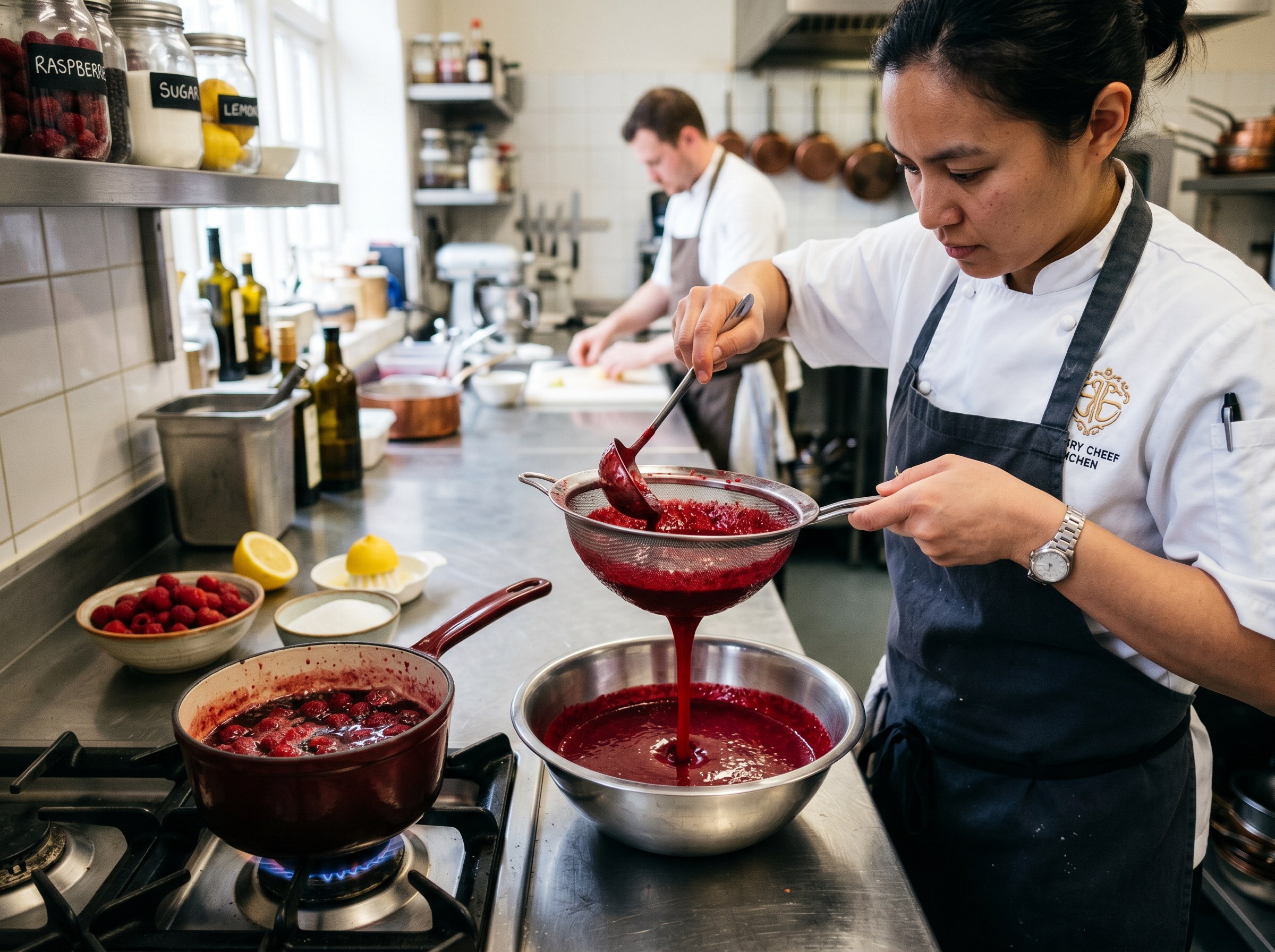 Coulis de frambuesa brillante rojo intenso siendo preparado y colado