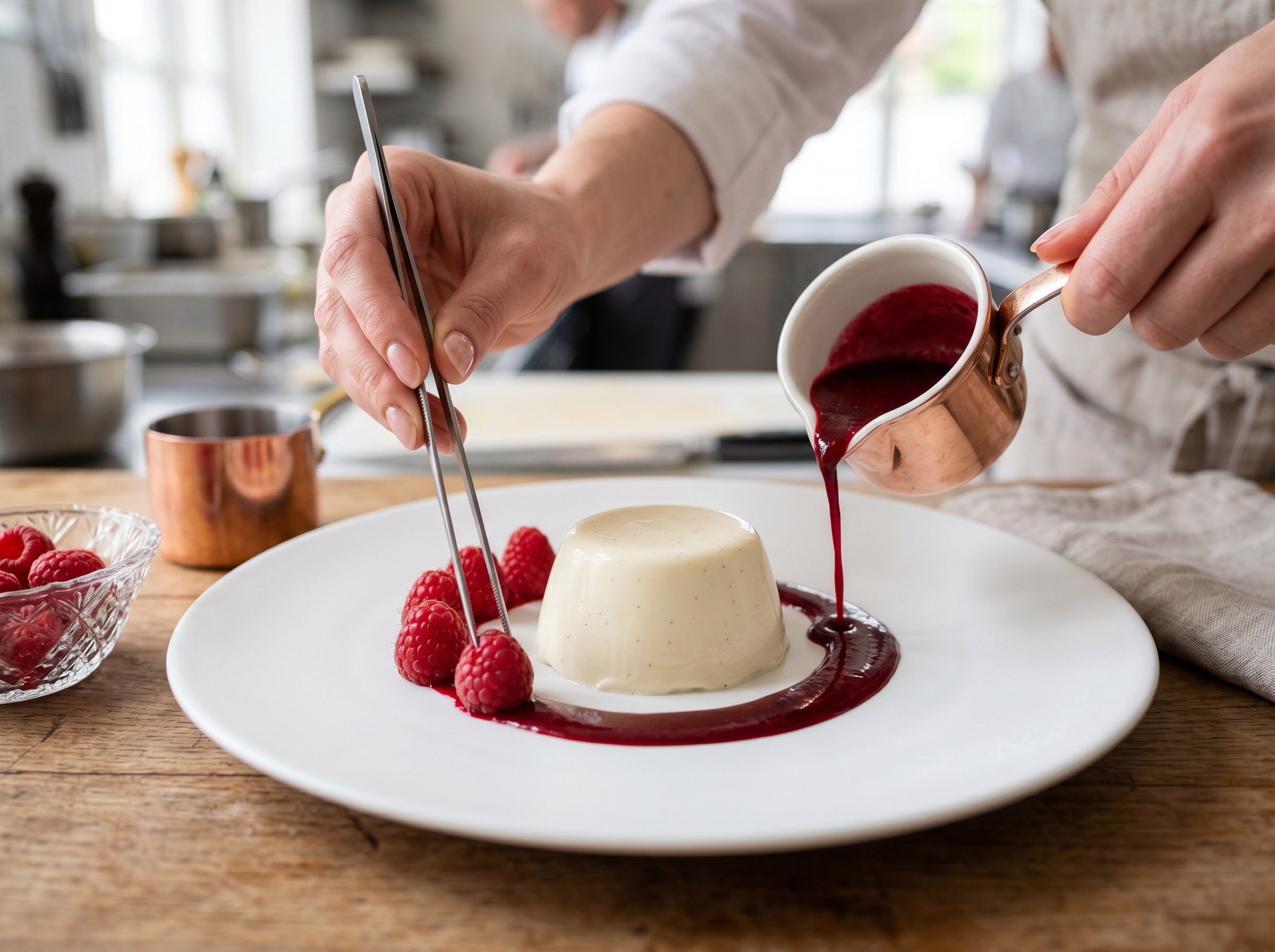 Panna cotta desmoldada temblorosa con coulis de frambuesa y frambuesas frescas