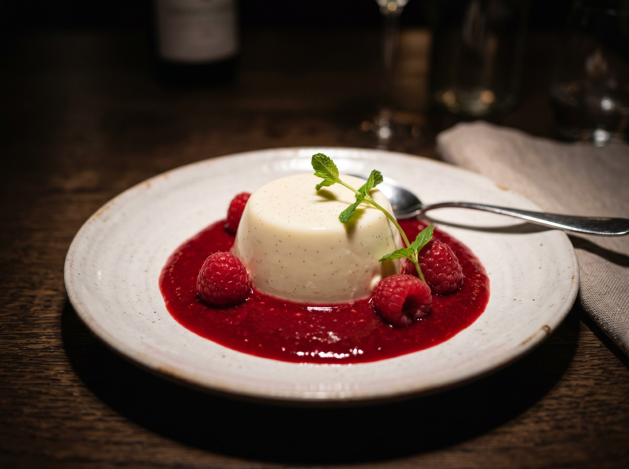 Hero shot: panna cotta de vainilla perfecta con coulis rojo y frambuesas frescas