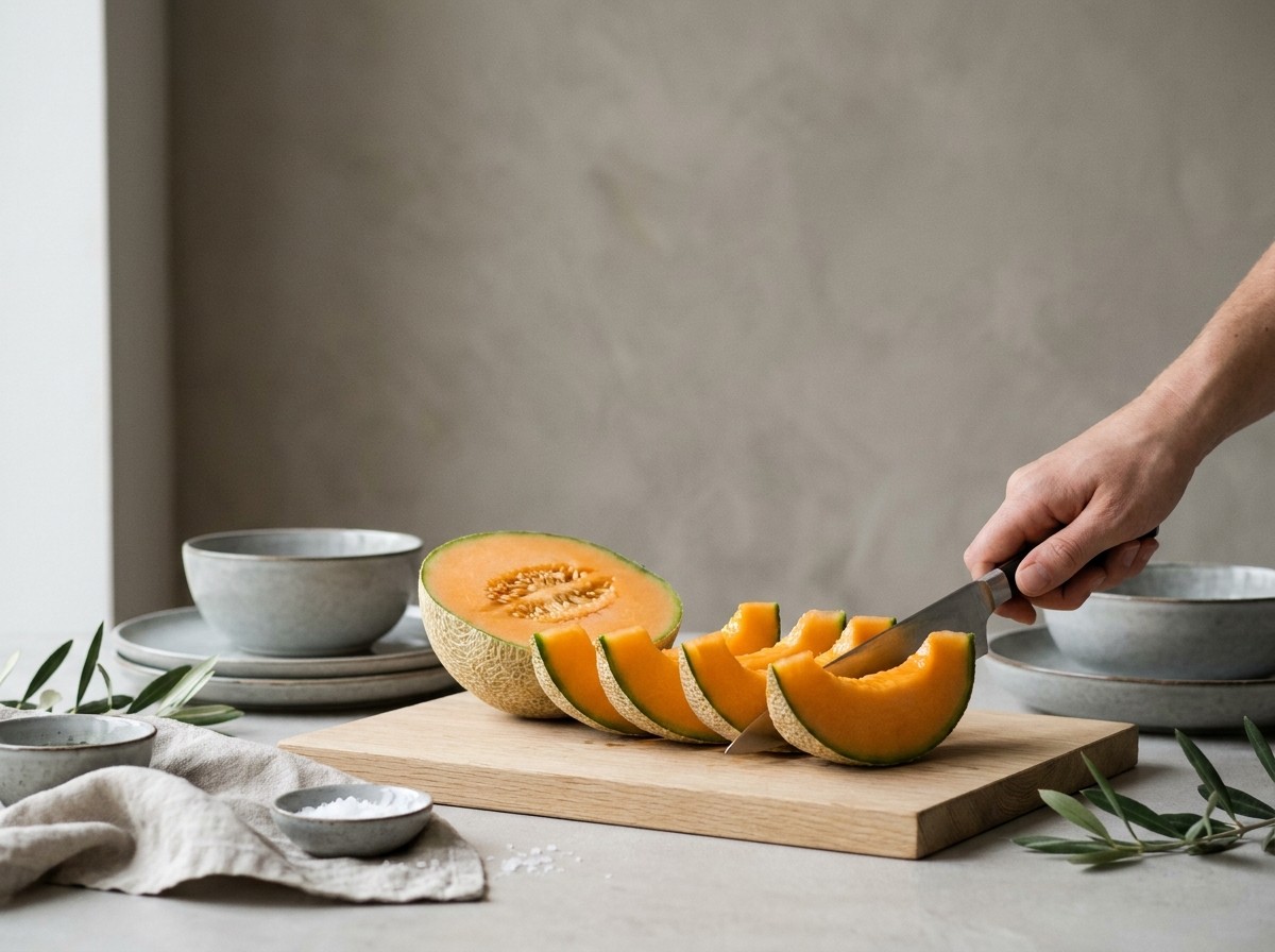 Melón cantalupo cortándose en gajos jugosos
