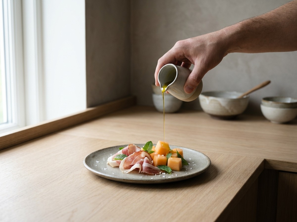 Hilo de aceite y escamas de sal aliñando el plato