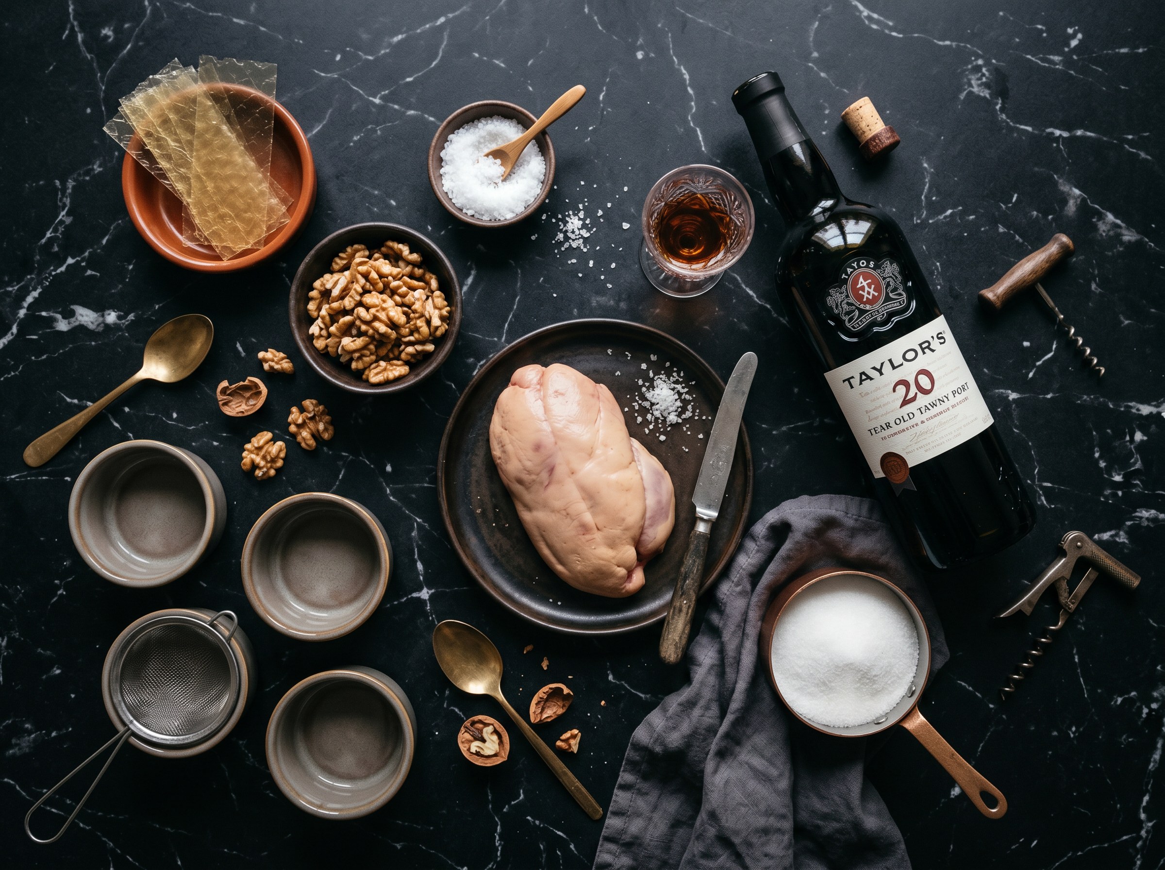 Flat lay ingredientes: lóbulo de foie gras fresco, Taylor's Tawny 20 años, hojas de gelatina, nueces y ramequines de porcelana sobre mármol negro