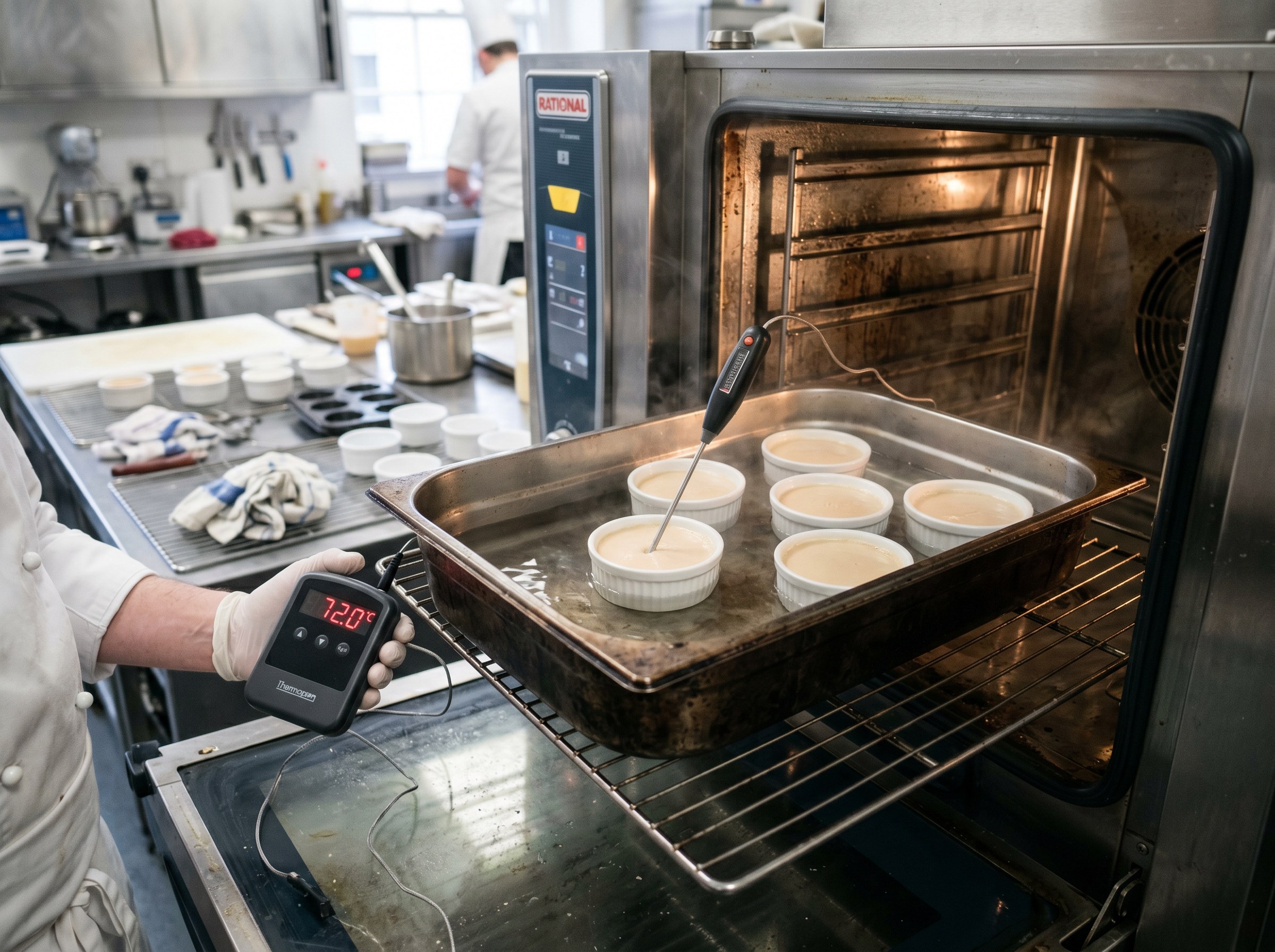 Ramequines de parfait en baño maría dentro de horno Rational con termómetro de sonda marcando 72°C exactos