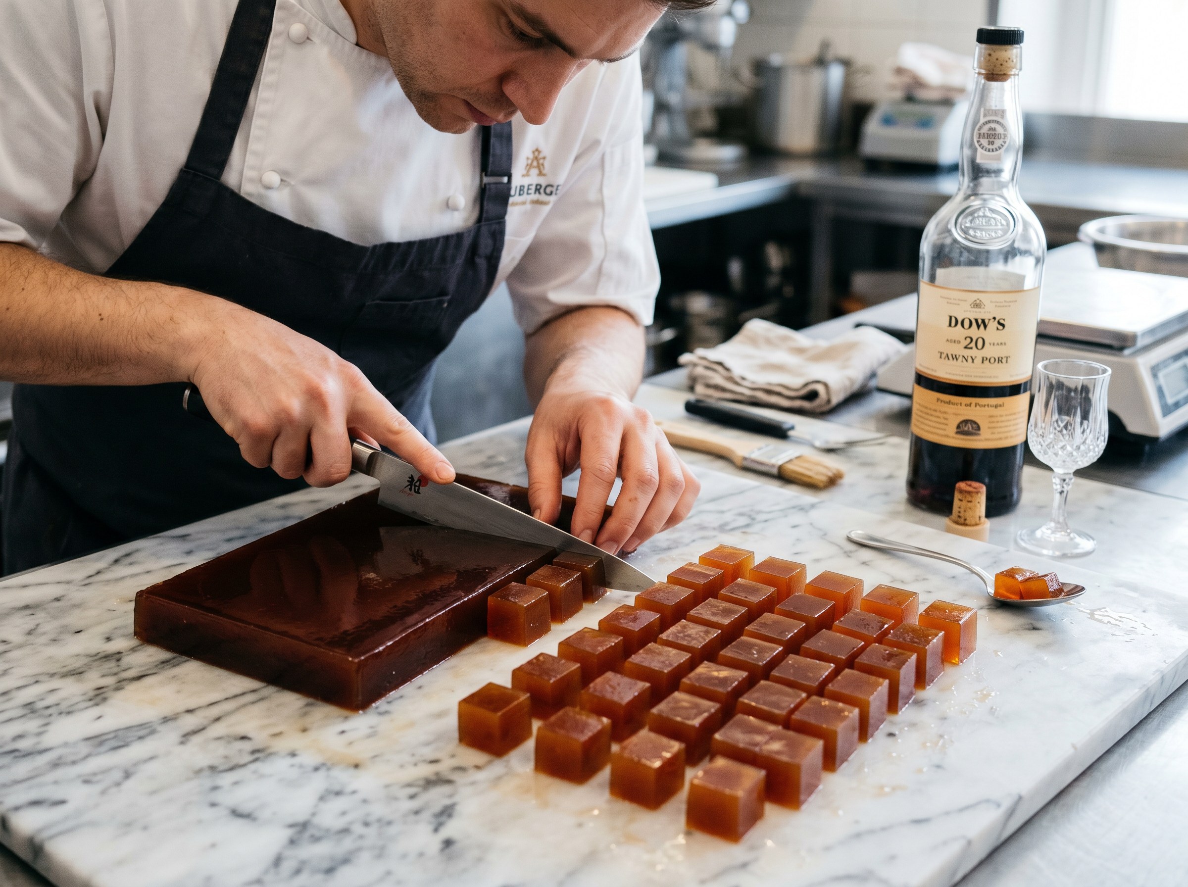Chef cortando la gelatina de Oporto Dow's 20 años en cubos ámbar mahogany perfectos sobre tabla de mármol