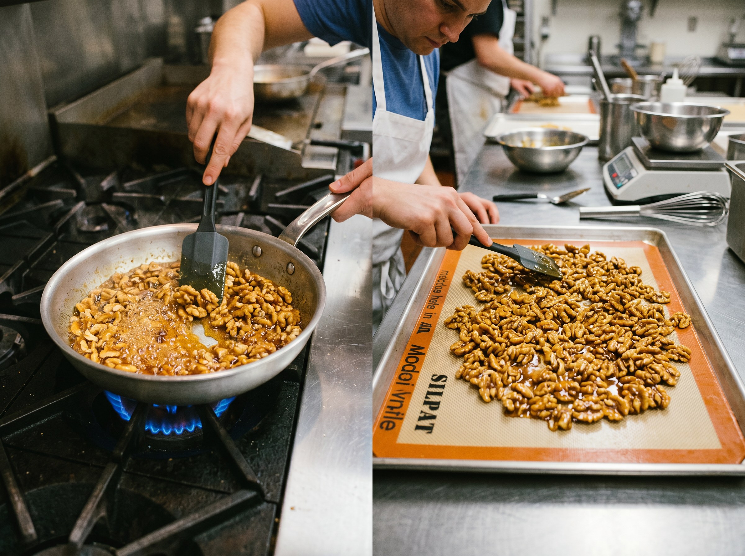 Nueces caramelizándose en sartén con caramelo ámbar y extendiéndose sobre Silpat para enfriar
