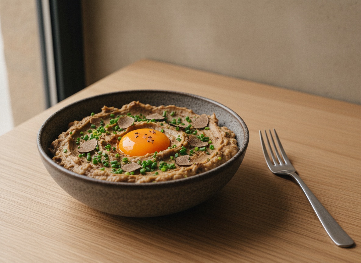 Monta el plato: una base generosa de parmentier caliente en el centro de un plato hondo, extendida con el dorso de