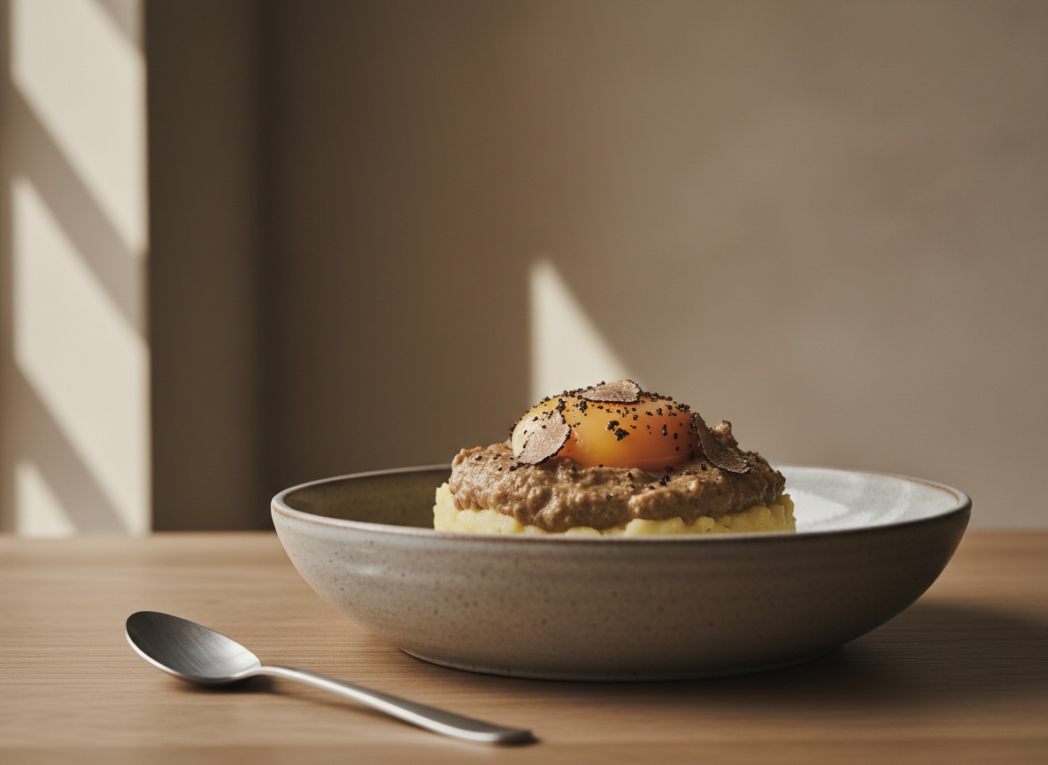 Parmentier cremoso de patata con boletus dorados salteados y una yema de huevo cruda en el centro con aceite de trufa, en plato hondo de cerámica gris piedra