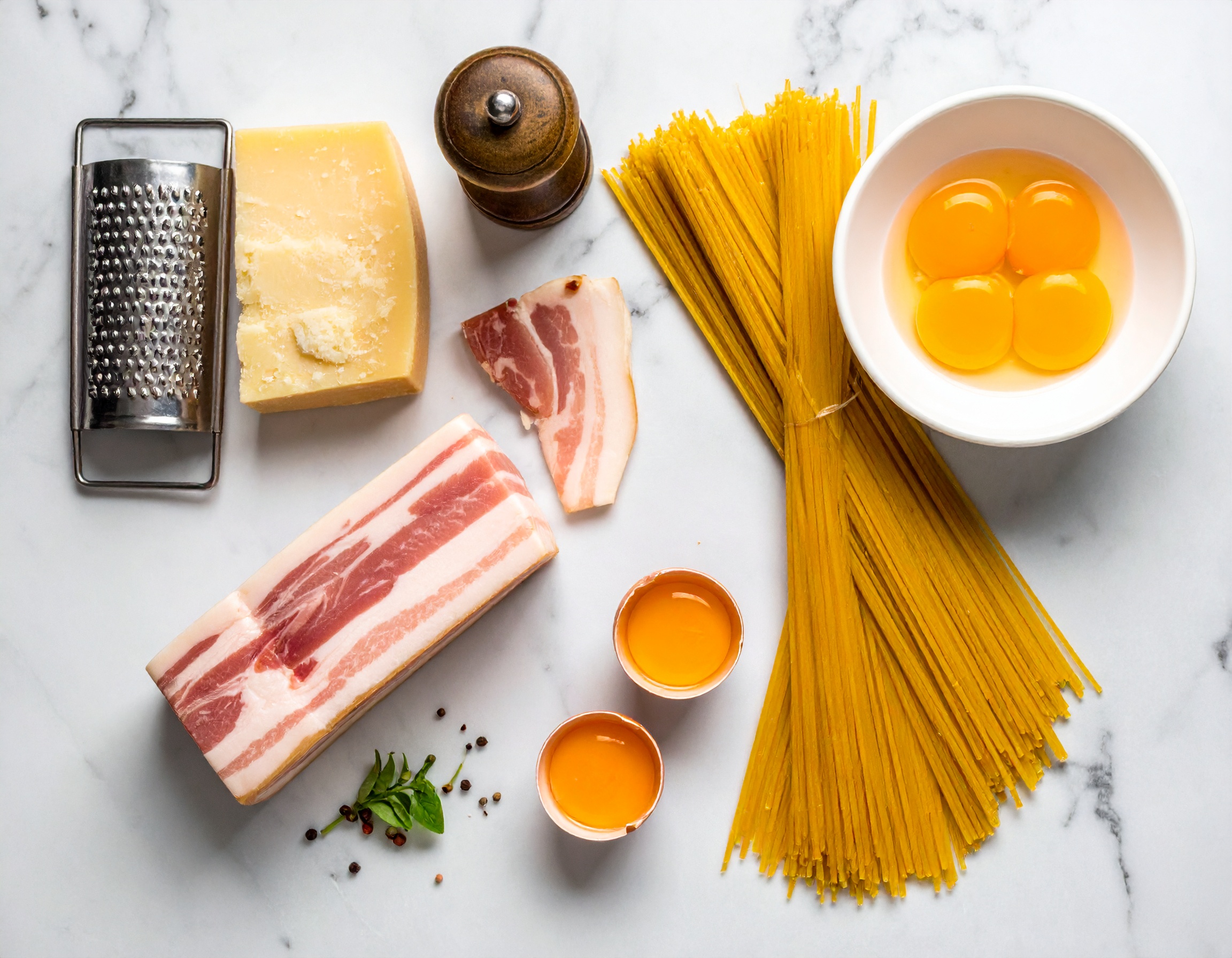 Flat lay de los cuatro ingredientes sagrados: bloque de guanciale, Pecorino Romano, spaghetti secos, yemas de huevo naranja intenso y pimienta negra en grano sobre mármol blanco