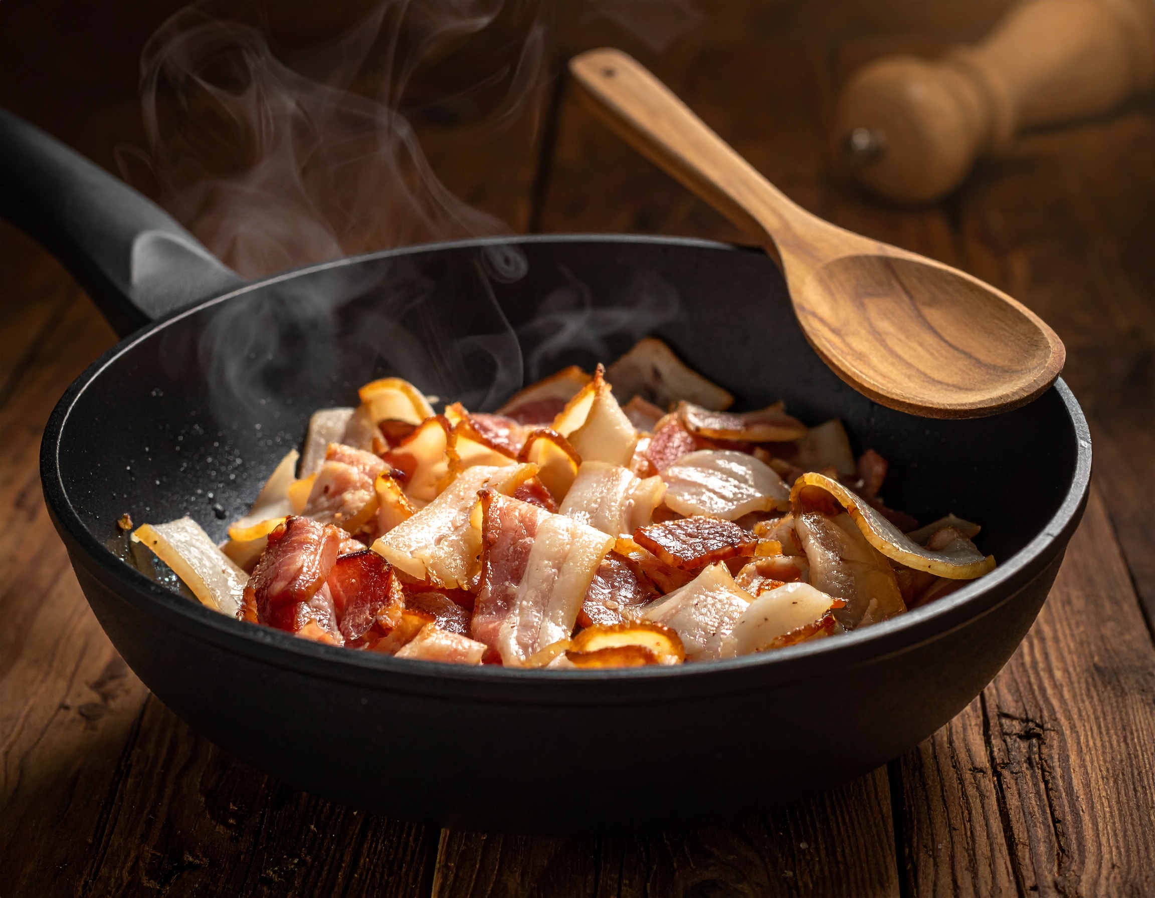 Lardones de guanciale renderizándose en sartén negra con humo aromático y cuchara de madera — grasa fundiéndose lentamente