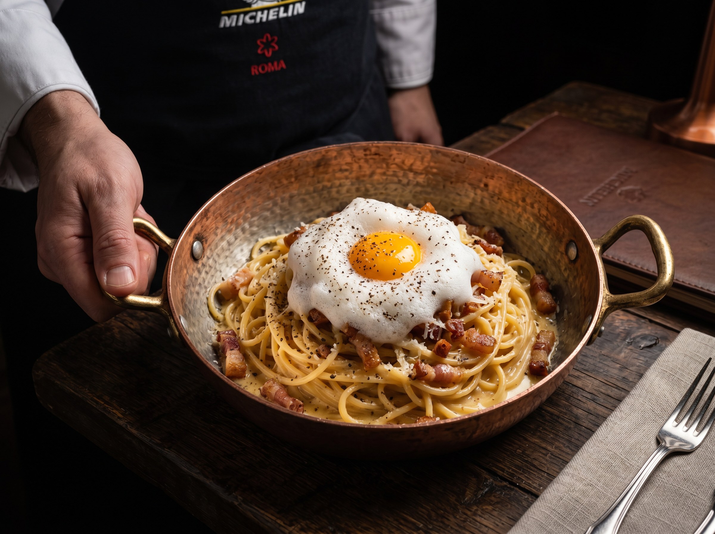 Chef con delantal Michelin Roma sirviendo carbonara en sartén de cobre con yema de huevo entera y pimienta negra — presentación de alta cocina romana