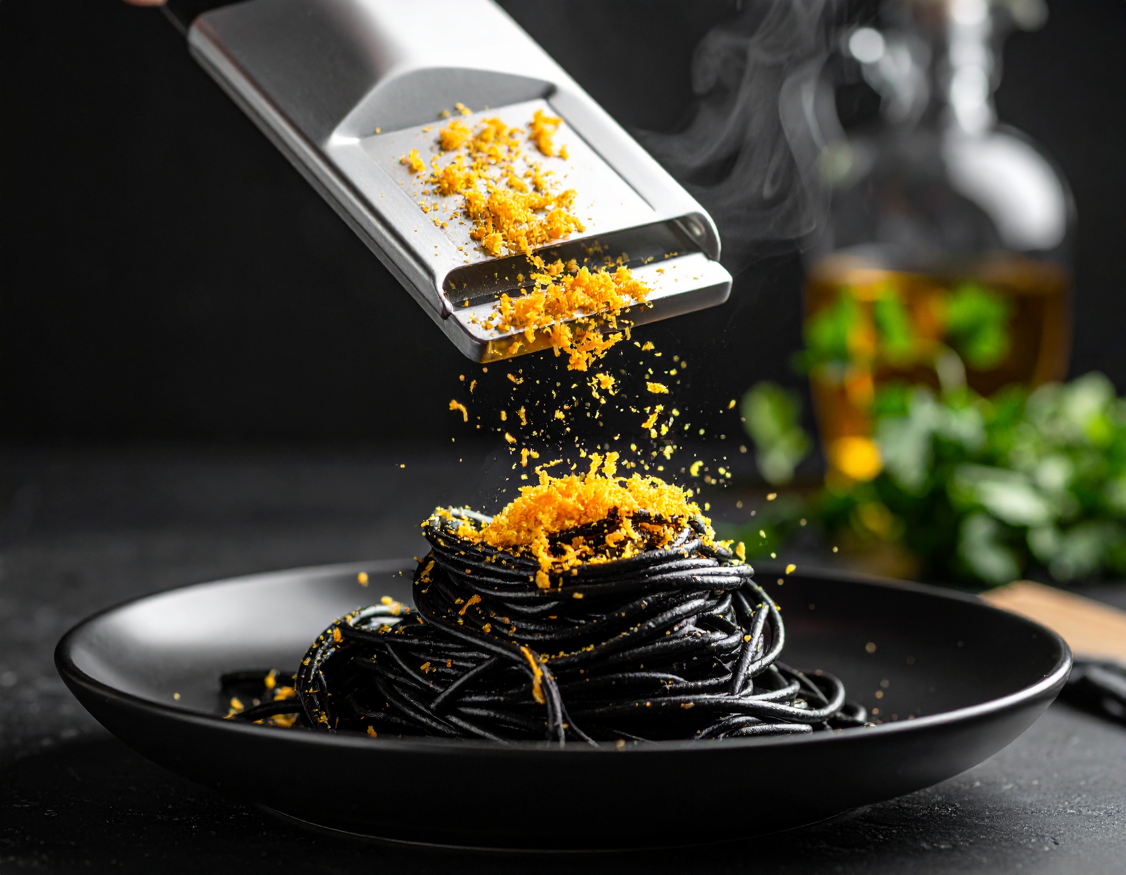 Bottarga rallada cayendo sobre pasta negra, virutas naranjas en suspensión