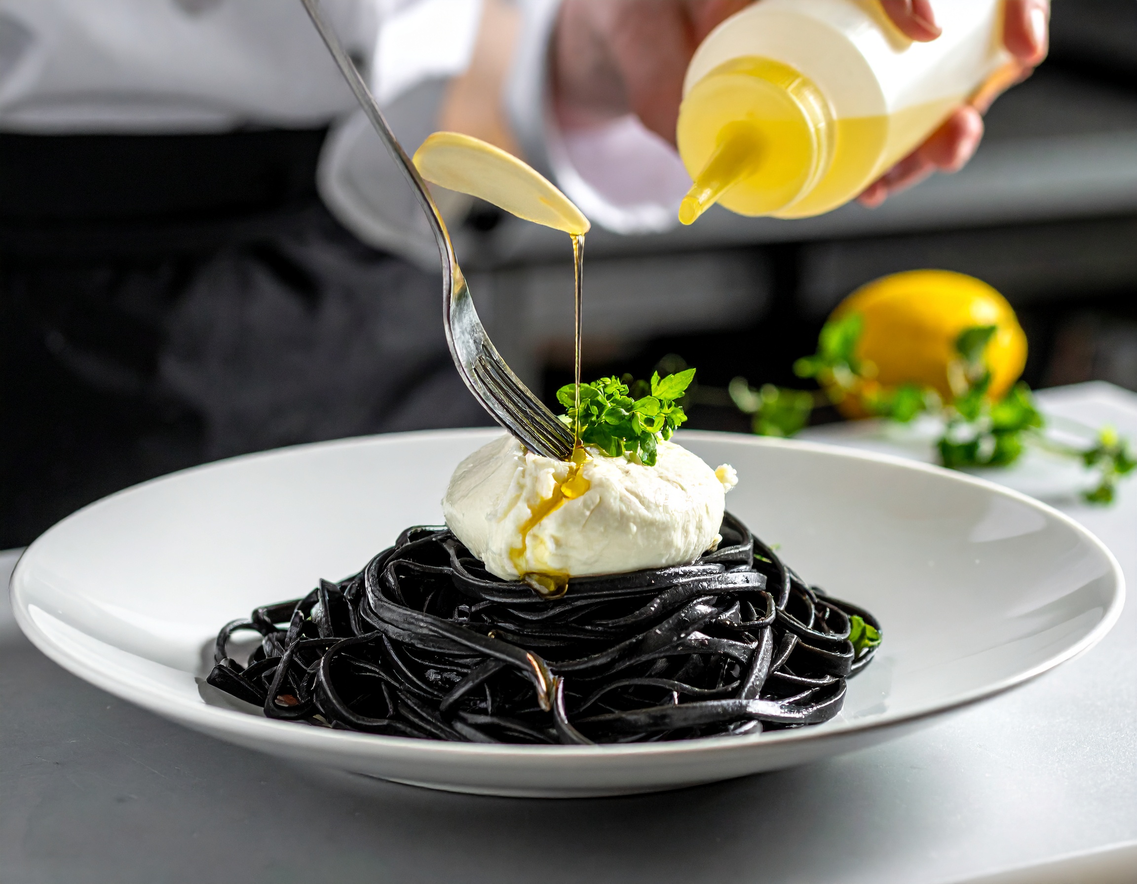 Chef aplicando aceite de limón siciliano sobre la pasta negra con burrata
