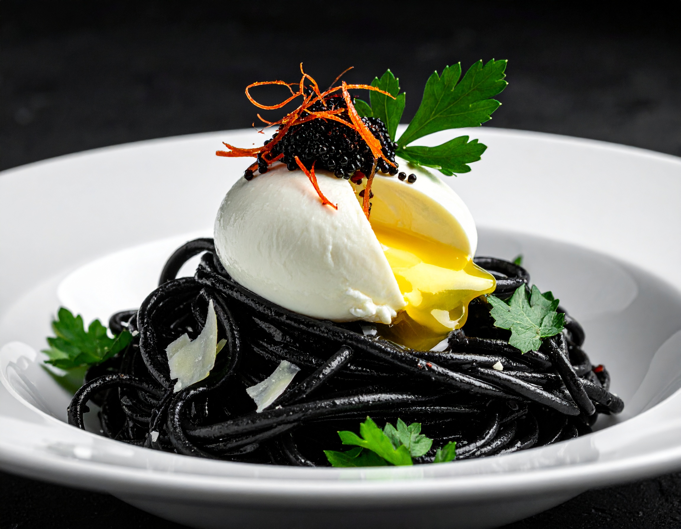 Pasta negra de tinta con burrata abierta, yema fluyendo, caviar y bottarga rallada en plato blanco