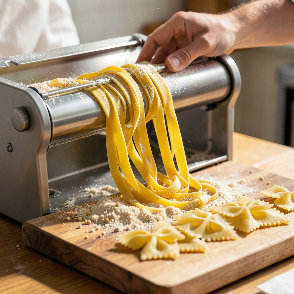 Fettuccine de sémola saliendo de la máquina de pasta, enharinados con sémola
