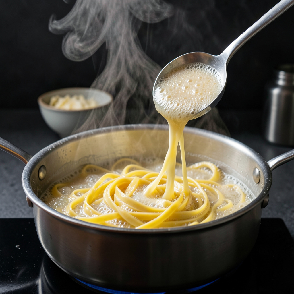 Fettuccine frescos cociéndose en agua hirviendo salada