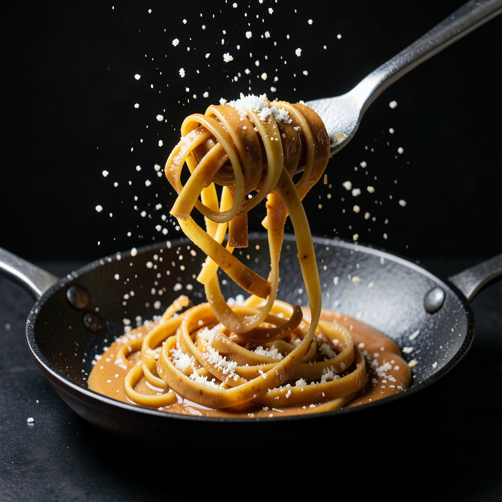 Mantecatura: la pasta saltándose en el burro nocino con parmesano y agua de cocción