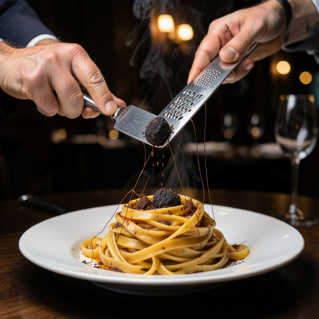 Trufa negra rallándose en mesa con microplane sobre el nido de pasta humeante