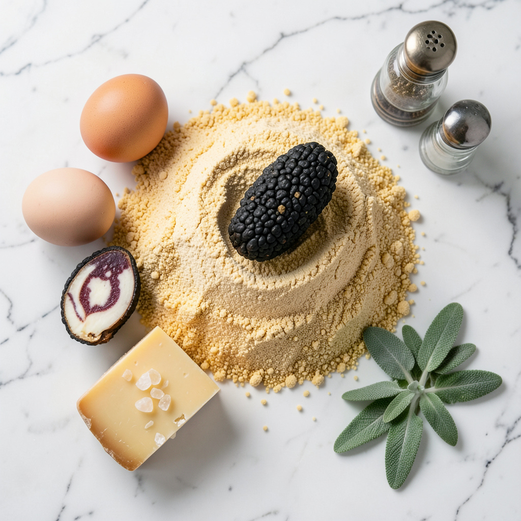 Ingredientes: sémola rimacinata, huevos, trufa negra, parmesano 40 meses, mantequilla y salvia