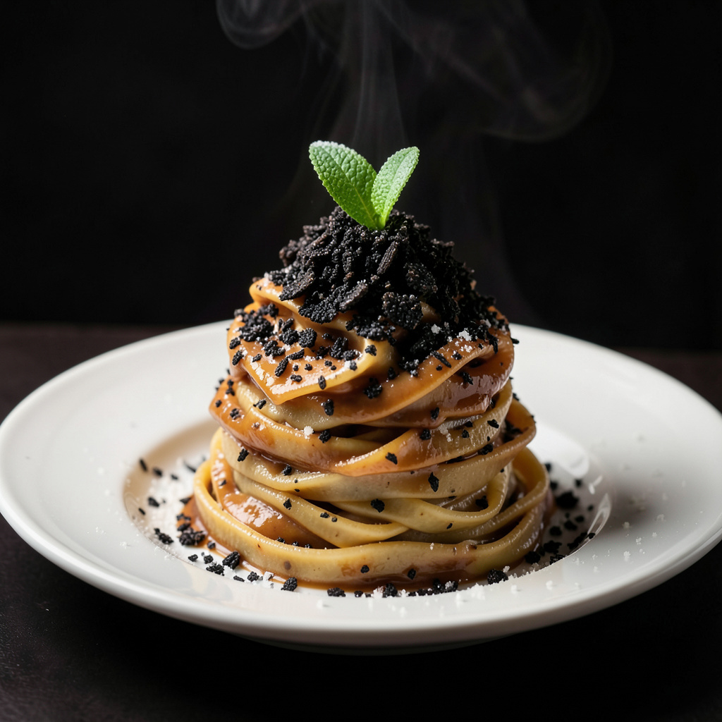 Fettuccine de sémola al dente napados en burro nocino con parmesano 40 meses fundido y trufa negra recién rallada en abundancia en plato de cerámica blanca