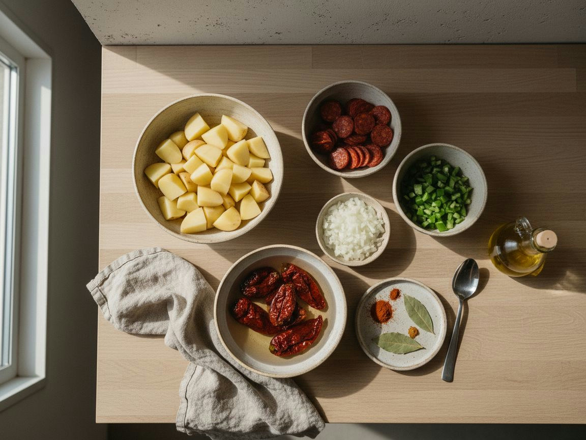 Patatas Kennebec, chorizo riojano en rodajas, cebolla y pimiento verde picados, ajo, ñoras secas y pimentón de la Vera sobre madera