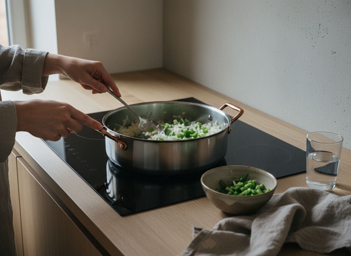 Sofrito de cebolla y pimiento verde pochándose lentamente en la cazuela hasta quedar translúcido y brillante