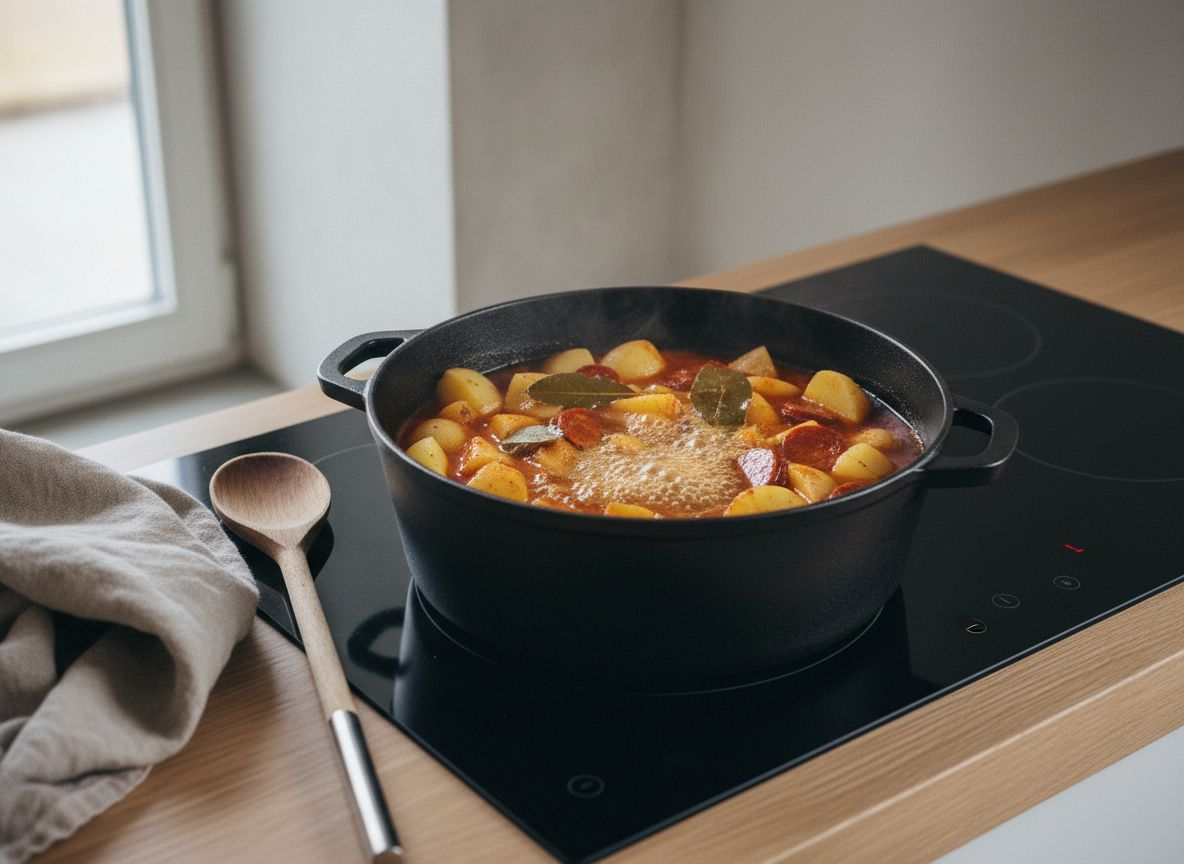 Cazuela con las patatas cubiertas de caldo y una hoja de laurel, cociendo a fuego suave con el líquido apenas temblando