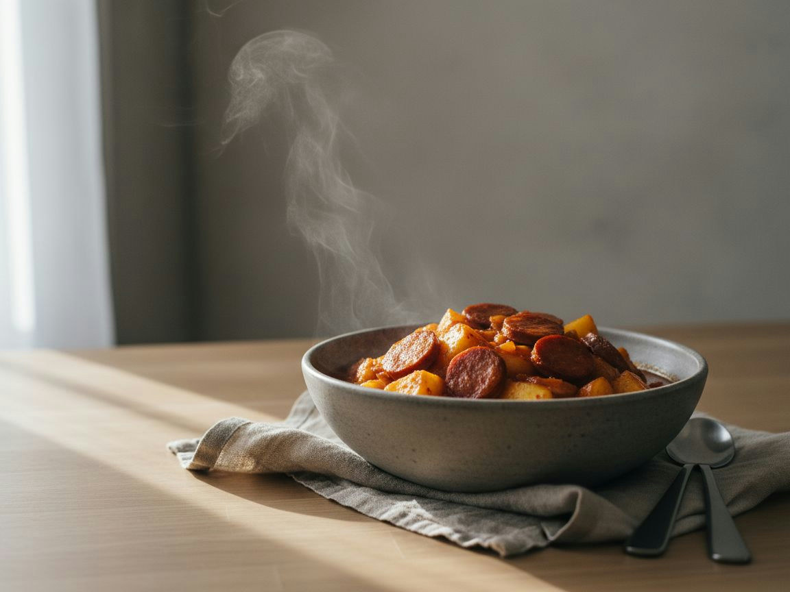 Cazuela de barro con patatas a la riojana de caldo corto y anaranjado, trozos de patata chascada y rodajas de chorizo, espolvoreadas de perejil