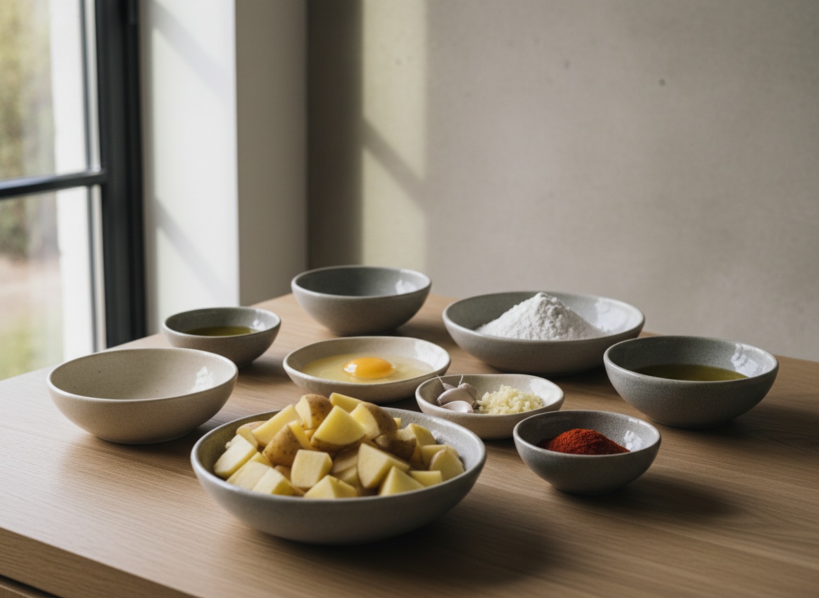 Patatas, pimentón, harina, ajo, huevo y aceite en cuencos de cerámica gris piedra vistos de lado sobre tabla de roble, con la profundidad de los cuencos y la pared del fondo a la vista.