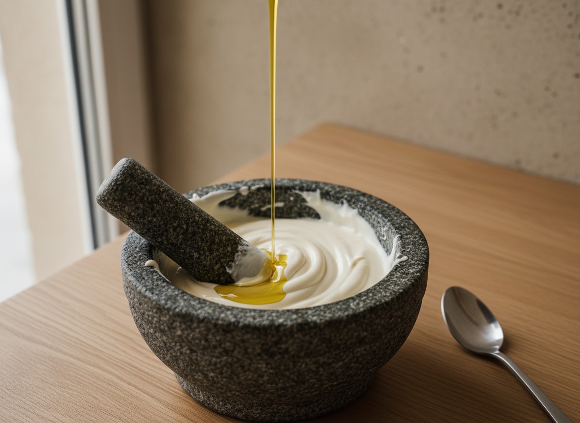 Alioli emulsionando en un mortero hasta formar una crema blanca y espesa mientras se añade el aceite en hilo fino.