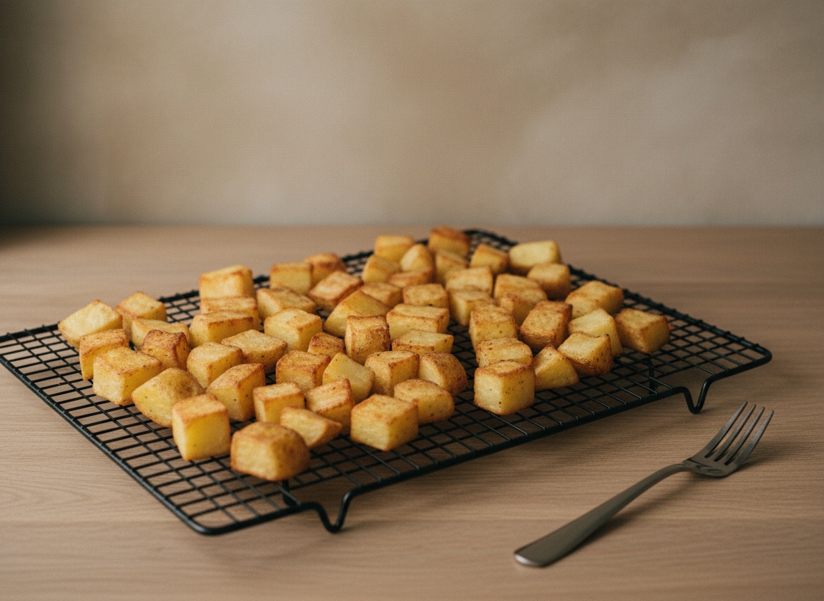 Dados de patata de la primera fritura reposando y enfriándose sobre una rejilla con la superficie seca.