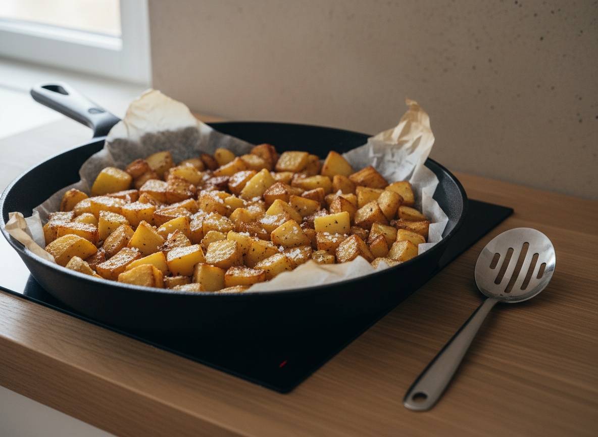 Patatas recién fritas escurridas sobre papel y espolvoreadas con sal mientras aún están calientes y brillantes.