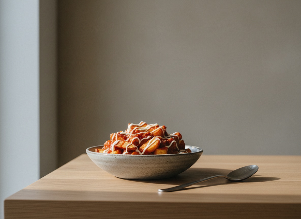 Patatas bravas doradas y crujientes napadas con salsa brava roja y alioli blanco, servidas en cuenco de cerámica gris piedra sobre tabla de roble mate con luz de día por la izquierda.