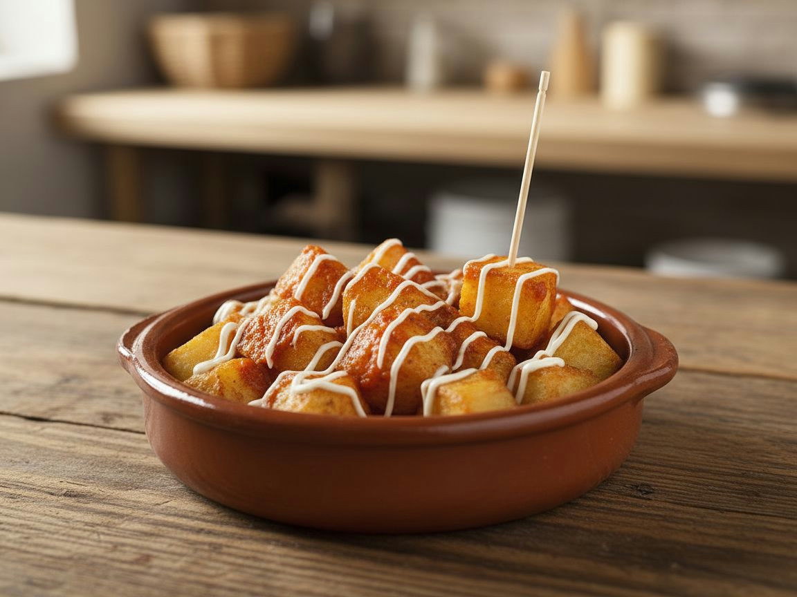 Cazuela de barro con patatas bravas doradas y crujientes, bañadas en salsa brava roja e hilos de alioli.