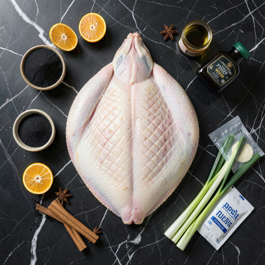 Flat lay ingredientes Pato Pekín deshuesado: pato, miel, anís estrellado, naranja amarga, harina de arroz negro, pasta de soja, sésamo