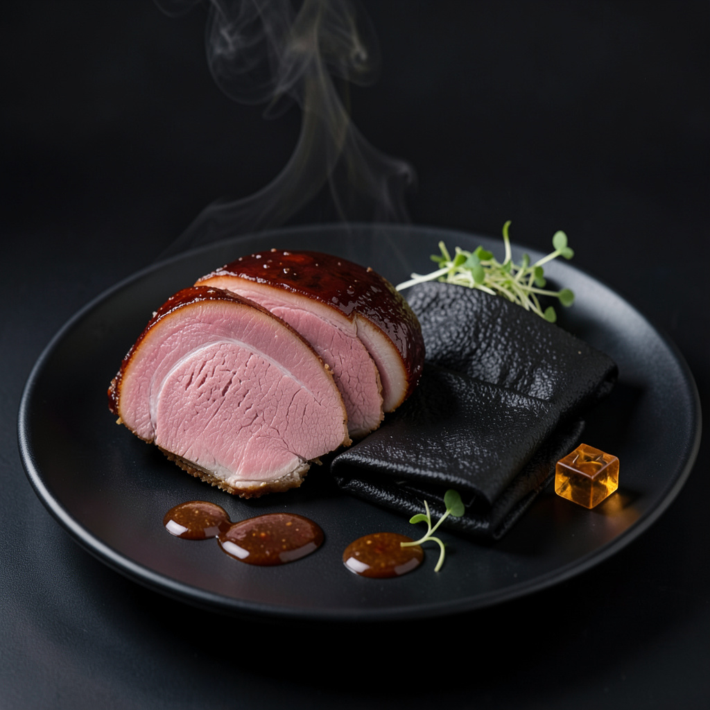 Pato Pekín con piel lacada dorada, pancakes de arroz negro y hoisin artesana